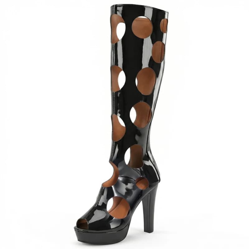 Bottes hautes à plateforme pour femmes, bottes longues à talons hauts, chaussures d'été à bout ouver