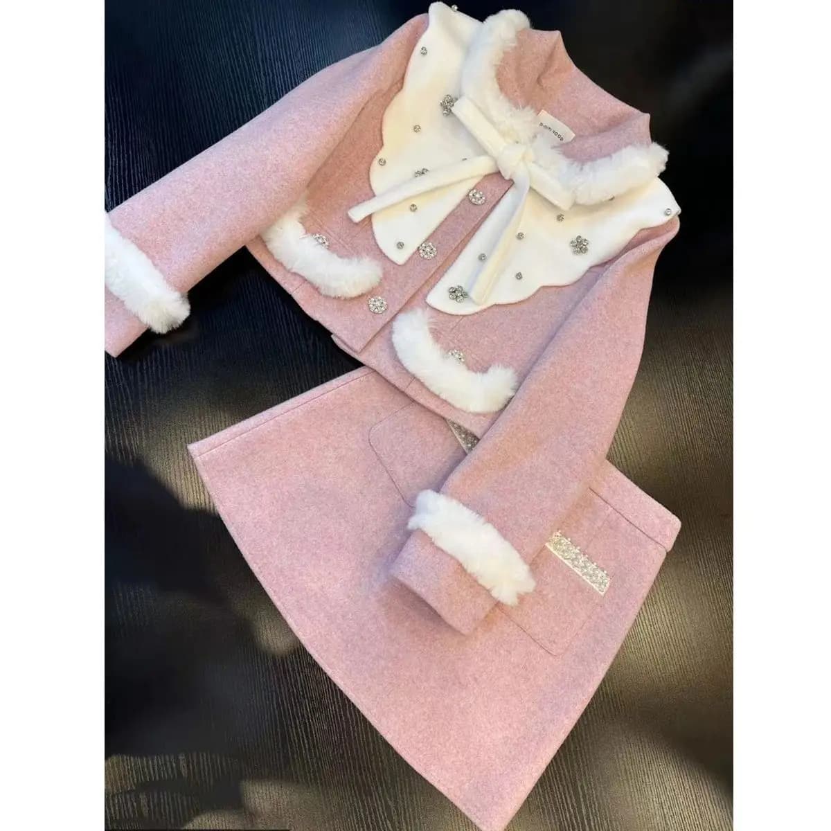 Manteau en laine douce avec nœud à manches longues, Style coréen, taille haute, dentelle, jupe court