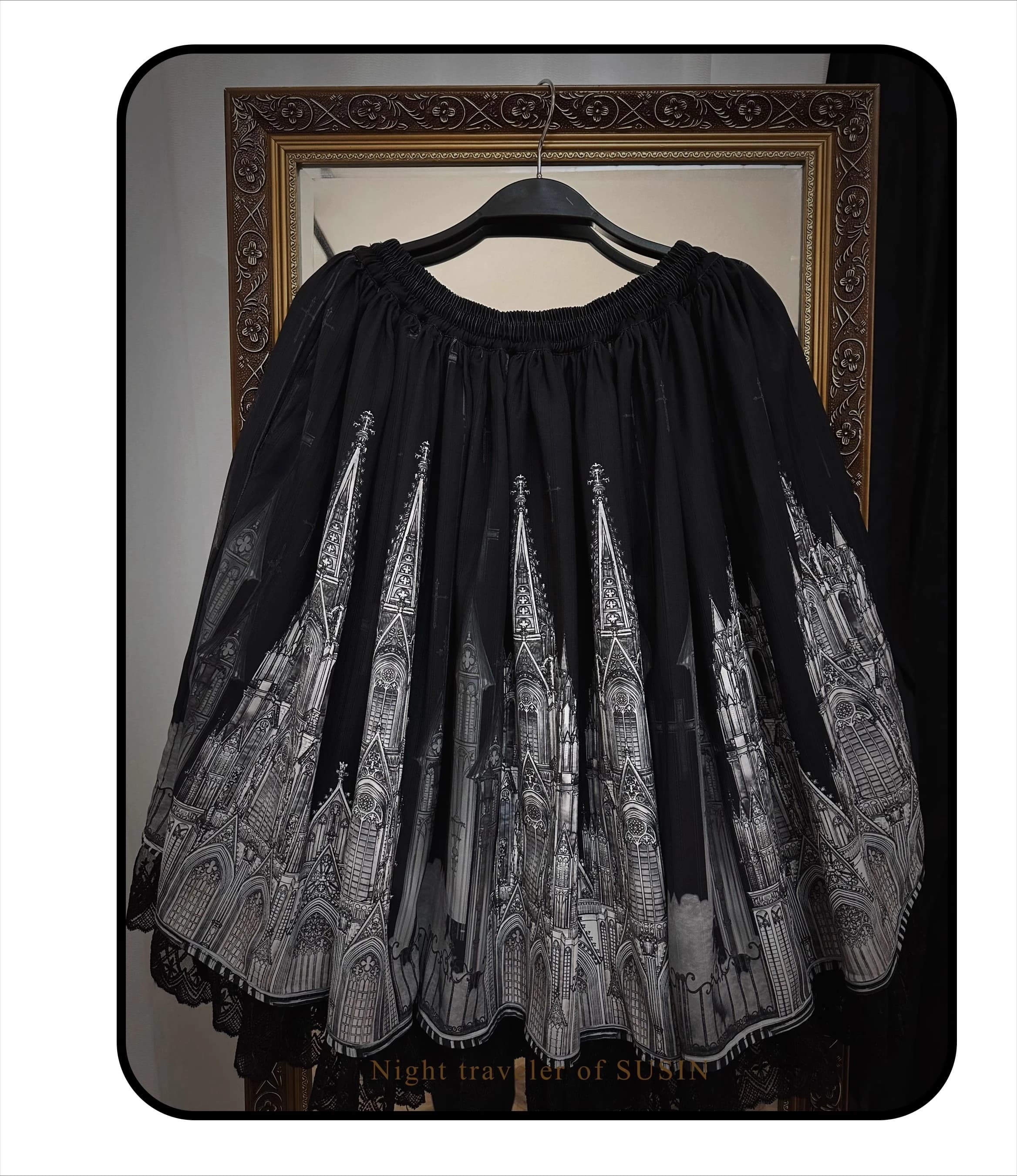 Jupe trapèze gothique, fenêtre de cathédrale imprimée, courte taille élastique, jupe Lolita ~ voyage