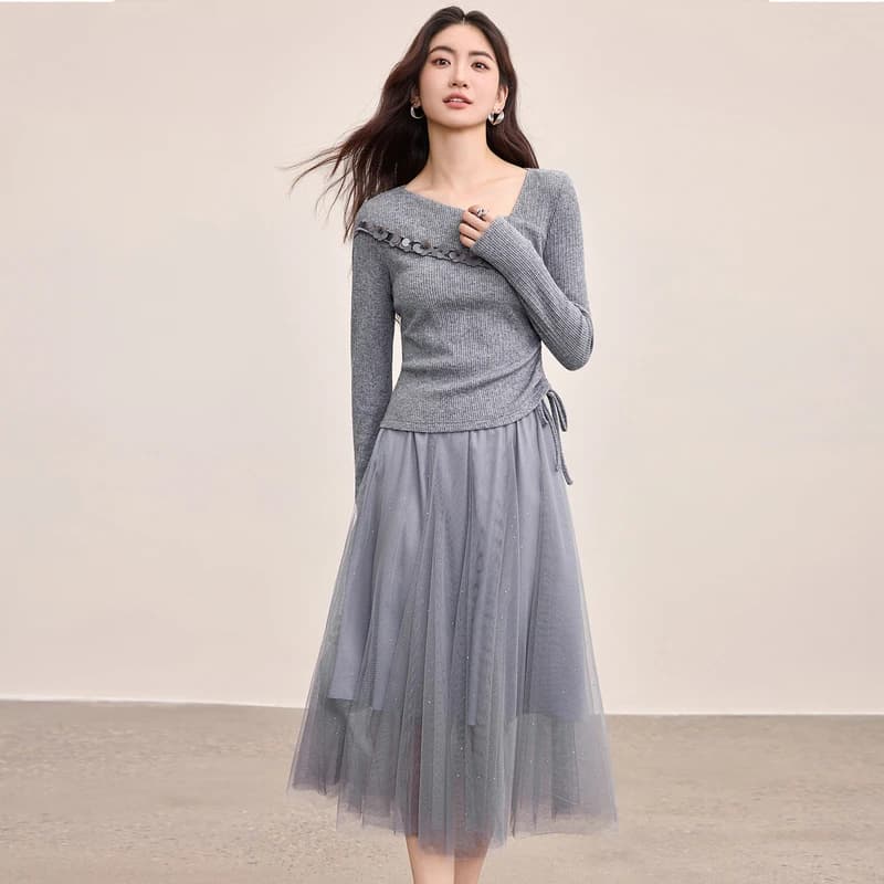 Ensemble jupe et pull à sequins SENTUBILA pour femme, collection automne 2026, col irrégulier, taill