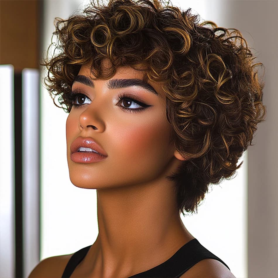 Perruque de cheveux humains brésiliens courts crépus bouclés Afro coupe lutin avec frange Ombre coul