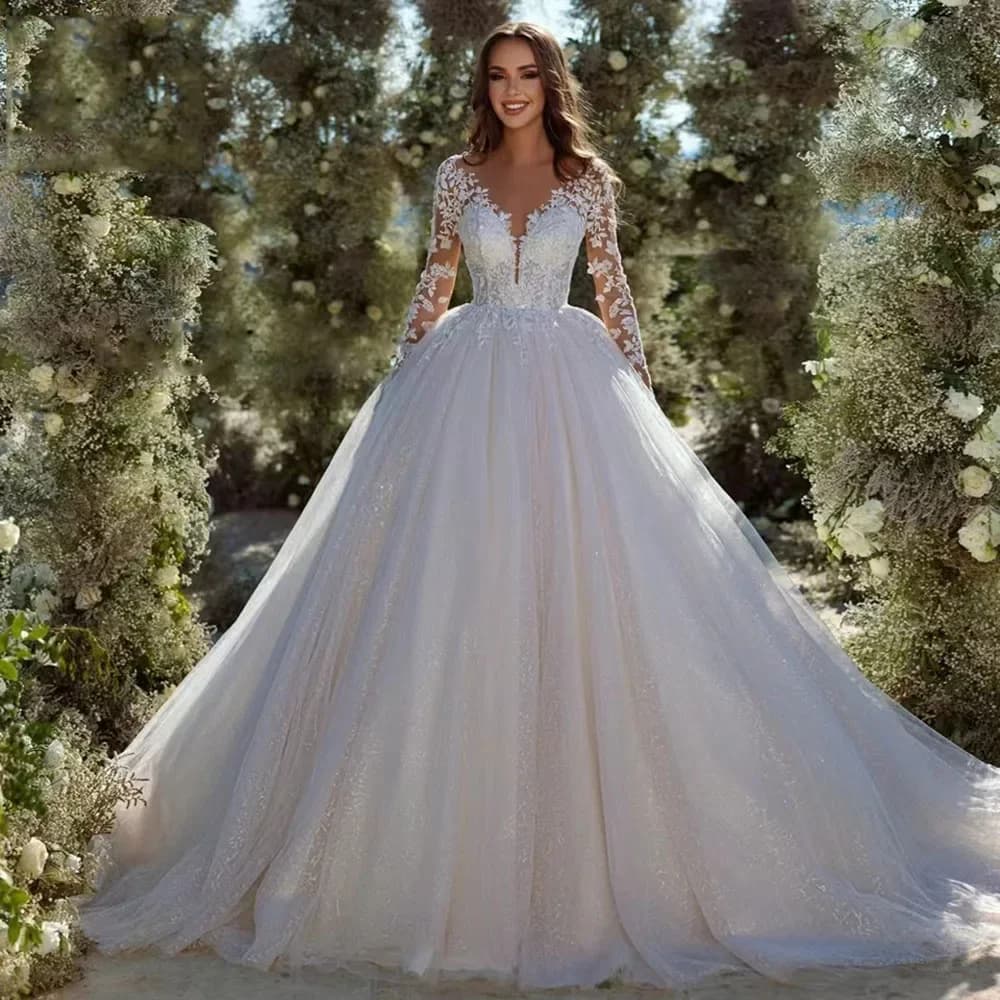 Robes de mariée en tulle pailmétrage moderne pour femmes, manches longues, col en V, robe de mariée 