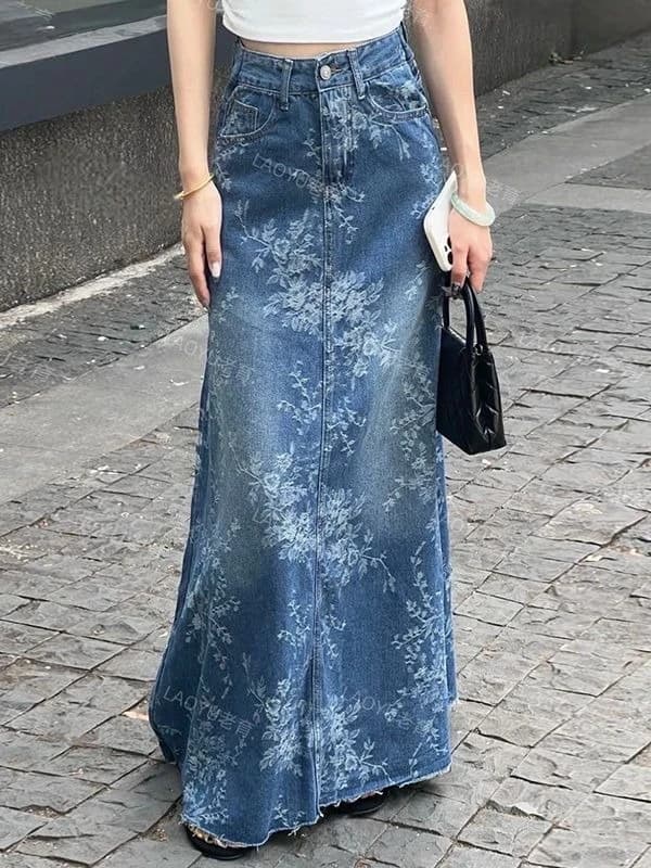 Jupe mi-longue en Denim à fleurs pour femmes, jupe longue trapèze fine et taille haute, ample et ami