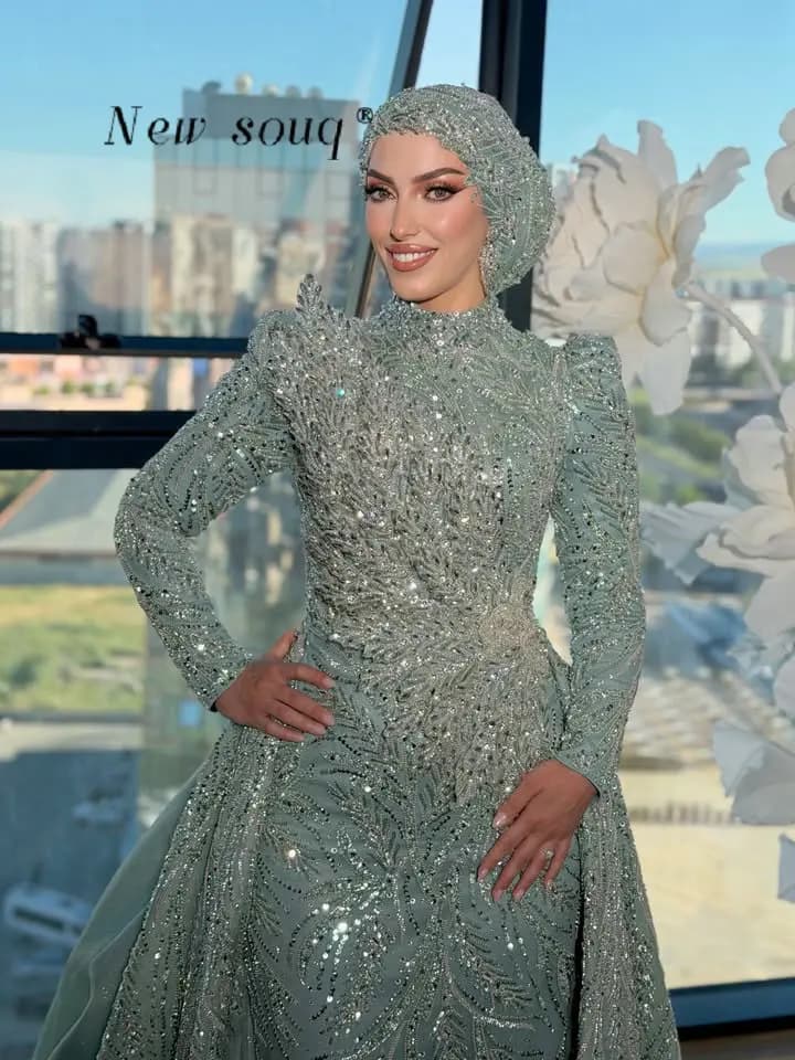 Robes de soirée musulmanes vert sauge avec traîne détachable, robes de cérémonie de luxe personnalis