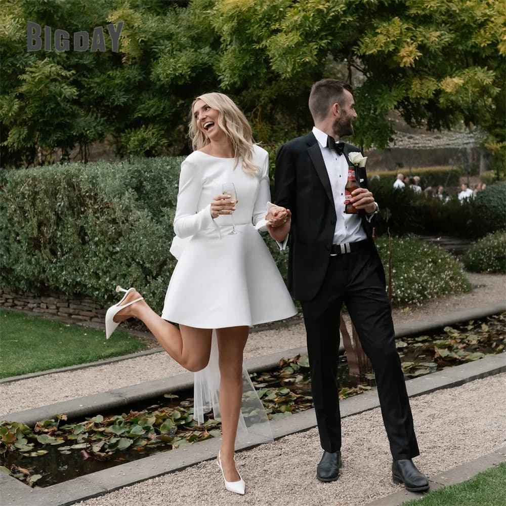 Robe De mariée trapèze avec nœud élégant pour femmes, col rond, manches longues, dos ouvert, au-dess