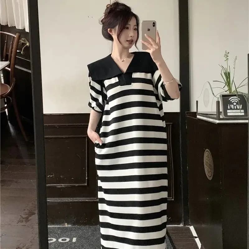 Robe décontractée à col marin, poches et manches bouffantes rayées, style preppy ample à manches cou
