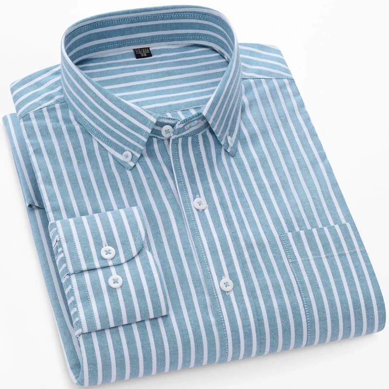 Chemise Oxford rayée à manches longues pour hommes, 100% coton, col boutonné, entretien facile, qual