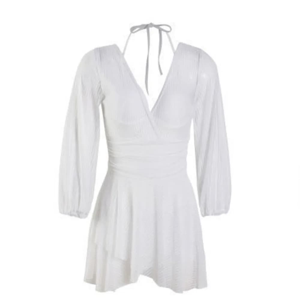 Maillot de bain transparent à manches longues et jupe, col en V, dos nu, style plage, coupe ajustée,