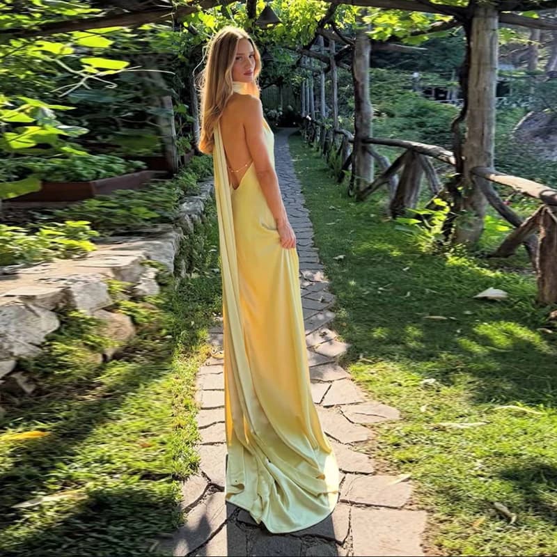 Robe longue à rubans pour femmes, col montant, sans manches, dos nu, longueur cheville, robes de soi