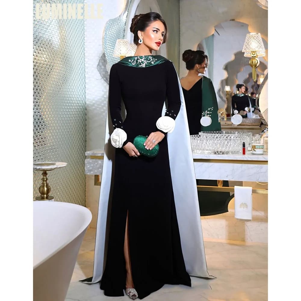 Robes de soirée en satin noir-vert avec perles, manches longues Watteau, fleurs 3D, fente latérale, 