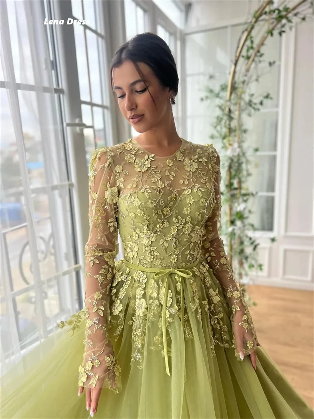 Lena-Robe de soirée élégante à col rond pour femme, robe de soirée de mariage, ligne A, longueur au 