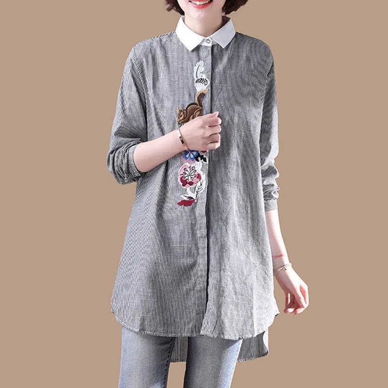 Chemisier brodé à manches longues pour femmes, rayé, mode printemps été, nouveau, décontracté, assor