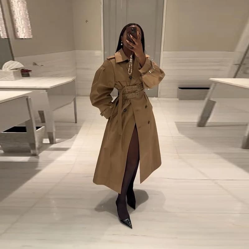 Coupe ample Long Trench Coat femmes solide Double boutonnage ceinturé taille coupe-vent femme automn