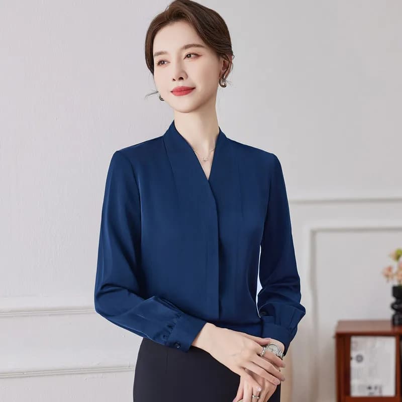 NAVIU-Chemise à manches longues et col en V pour femmes, chemisiers décontractés, bleu marine, blanc