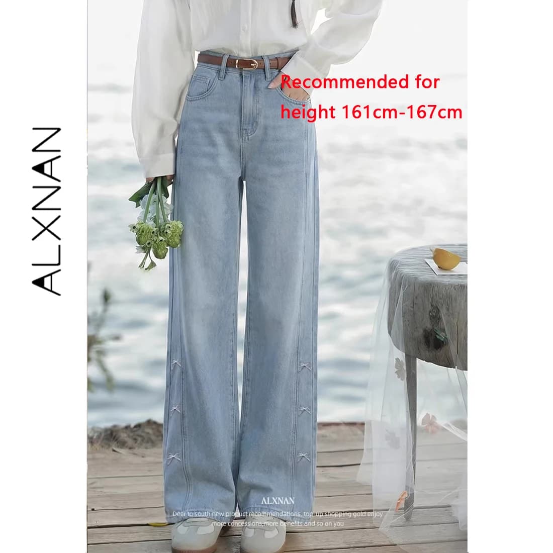 ALXNAN Jean droit bleu taille haute avec broderie nœud, pantalon en denim ample pour femme, pantalon
