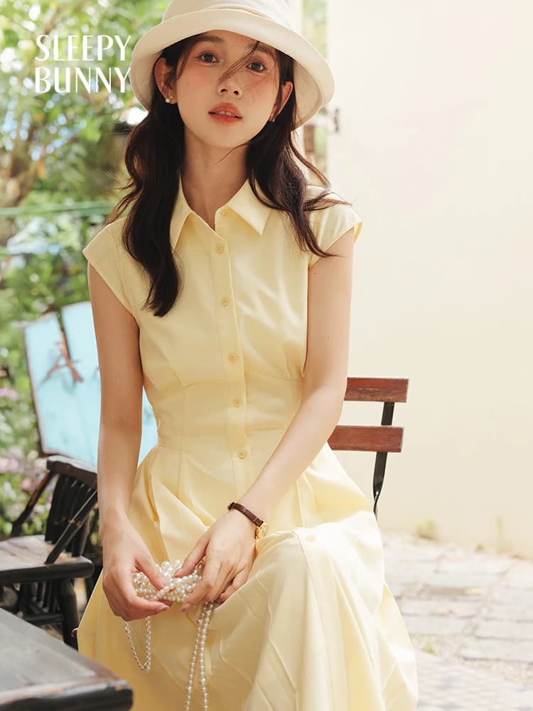 Robe chemise jaune à manches cape pour femmes, Style français, coupe cintrée, ligne a, longue, col à