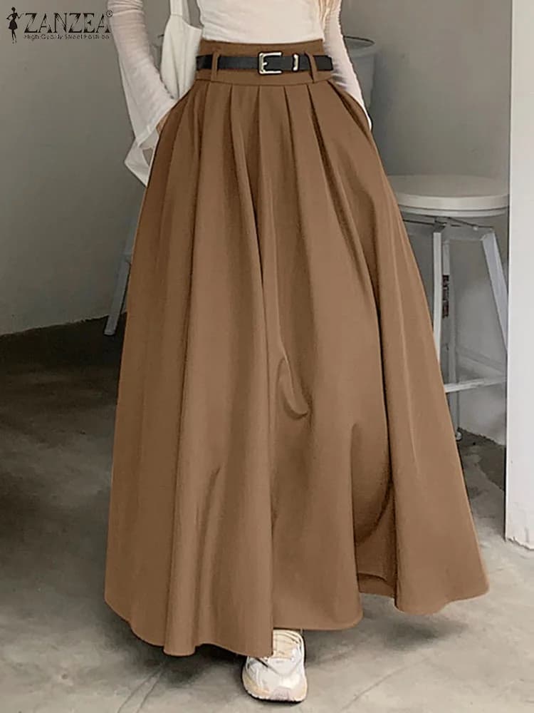 ZANZEA-Jupe balançoire plissée taille haute pour femme, jupe maxi monochrome, mode coréenne, vintage
