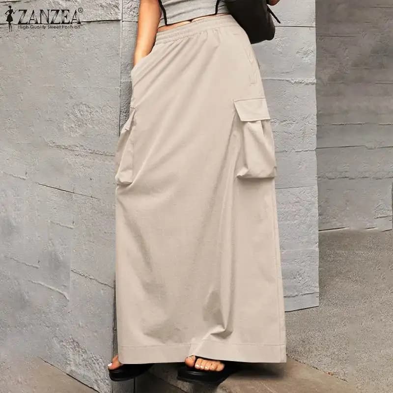 ZANZEA-Jupe Longue Cargo Vintage pour Femme, Tenue Élégante de Bureau, Grandes Poches, Taille artifi