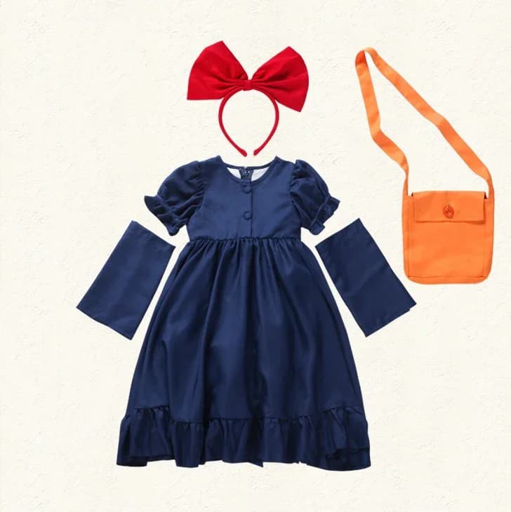 Robe bleu marine avec sac pour femmes adultes, Costume de Cosplay de sorcière Kikis, robes fantaisie