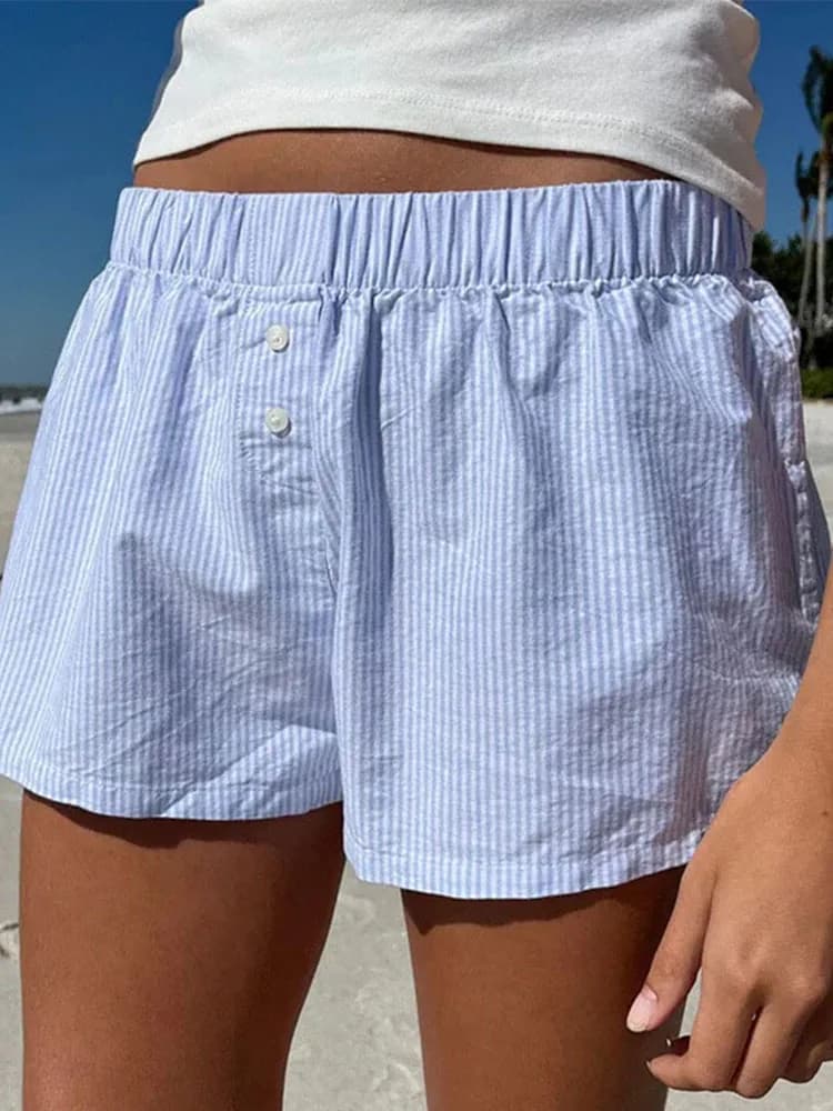 Short décontracté à imprimé rayé pour femme, taille élastique, bas boutonnés, streetwear chic, basiq