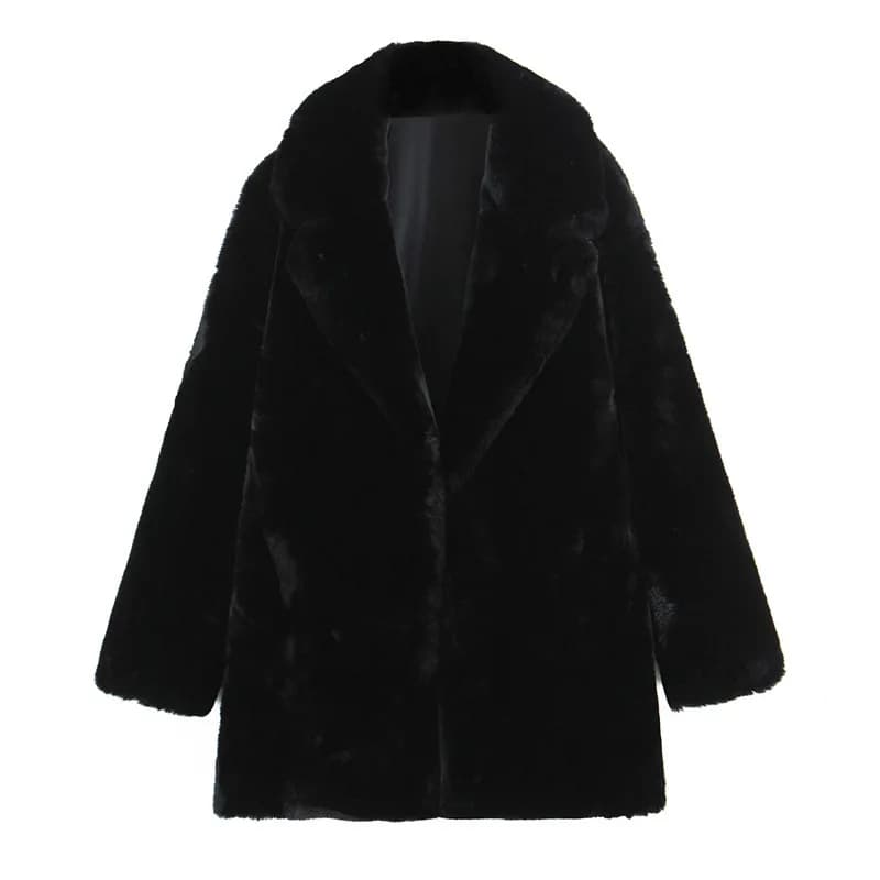 Manteau en fausse fourrure noire pour femme, revers cranté, conception à bouton unique, veste mi-lon