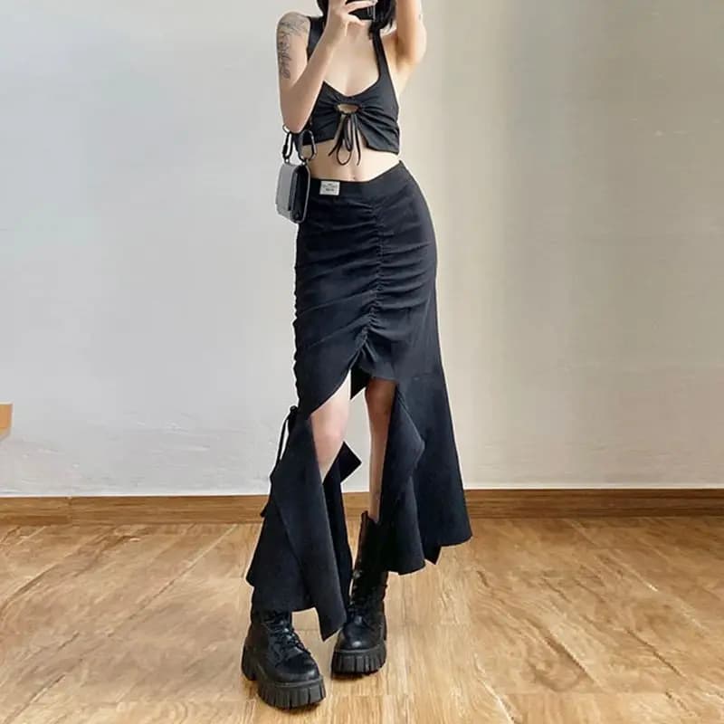 Jupe noire fendue irrégulière pour femmes, avec une fille chaude, taille haute, tiroir, moulante aux