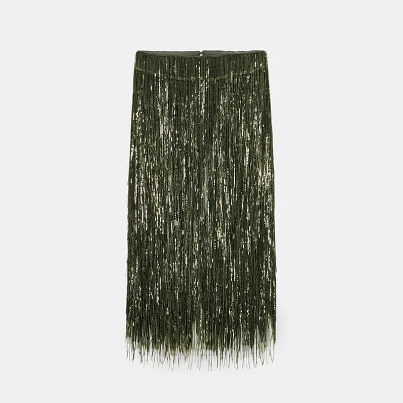 Jupe mi-longue à franges à paillettes vert Olive scintillant, jupes de fête amples pour femmes, mode