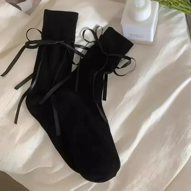 Lolita – chaussettes longues pour femmes, avec nœud de ruban, douces filles, Kawaii, mignonnes, Tube