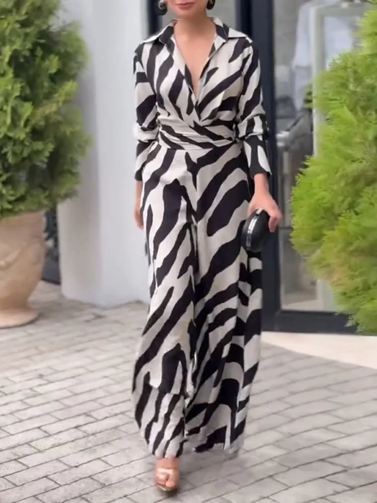 Combinaison Palazzo Femme Imprimé Zèbre 2026 à Manches Longues, Col Revers, Taille Haute – Tenue de 