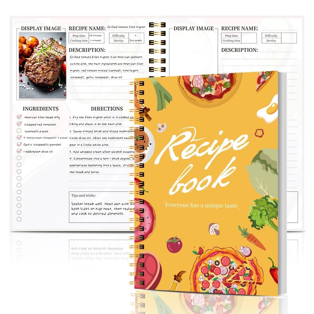 Livre de recettes A5 avec pages couleur, reliure spirale, sections d'ingrédients et de étapes, journ