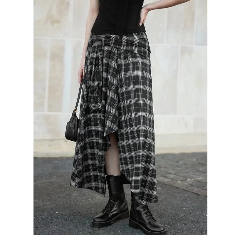 Jupe mi-longue à carreaux noirs et blancs irréguliers pour femmes, nouvelle mode printemps 2025, jup