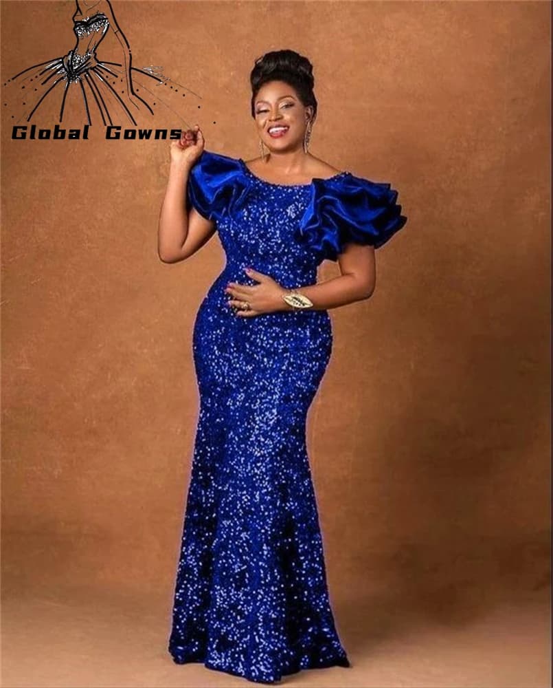 Robe de soirée à col rond bleu royal pour filles noires, robes de fête d'anniversaire à paillettes k