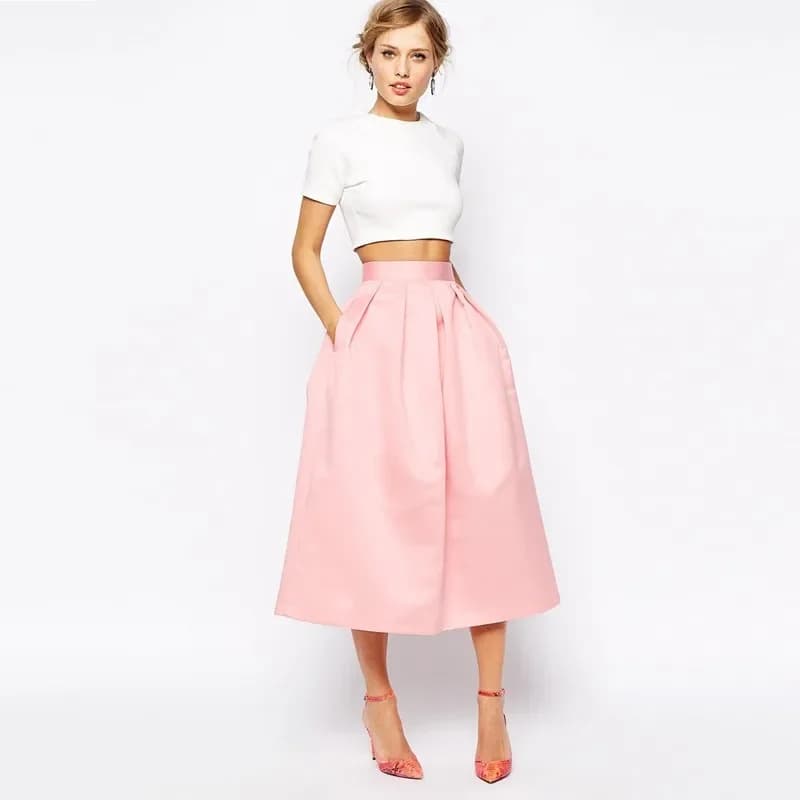 Jupes trapèze plissées en satin rose pour dames, fermeture éclair invisible, taille chic, longueur t