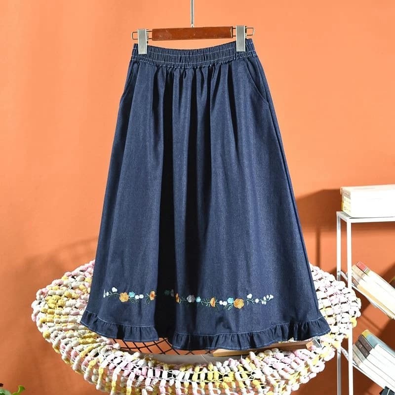 Jupe midi évasée à taille élastique en jean bleu doux brodé, coupe ample, polyvalente et décontracté