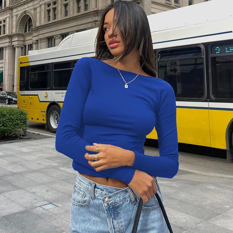 T-shirt à manches longues pour femmes, dos nu, bleu, Slim, chemises décontractées, pulls, vêtements 