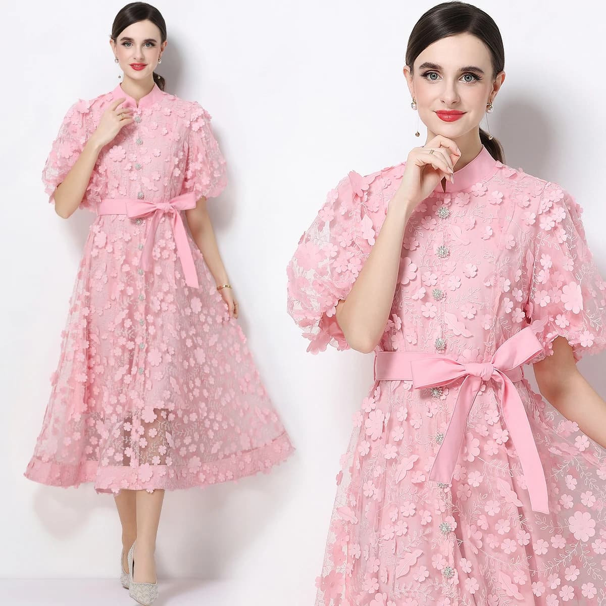 Robes de soirée en tulle brodées de fleurs 3D de luxe pour femmes, manches bouffantes, boutonnées, a