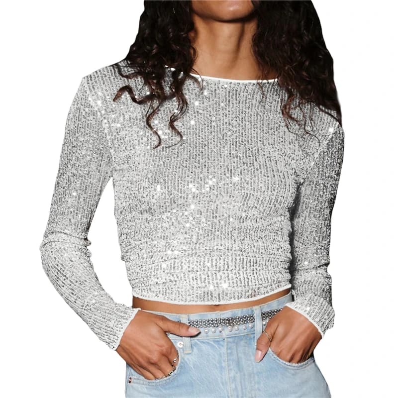 Haut court à manches longues pailletées pour femmes, col rond, paillettes brillantes, t-shirt de soi