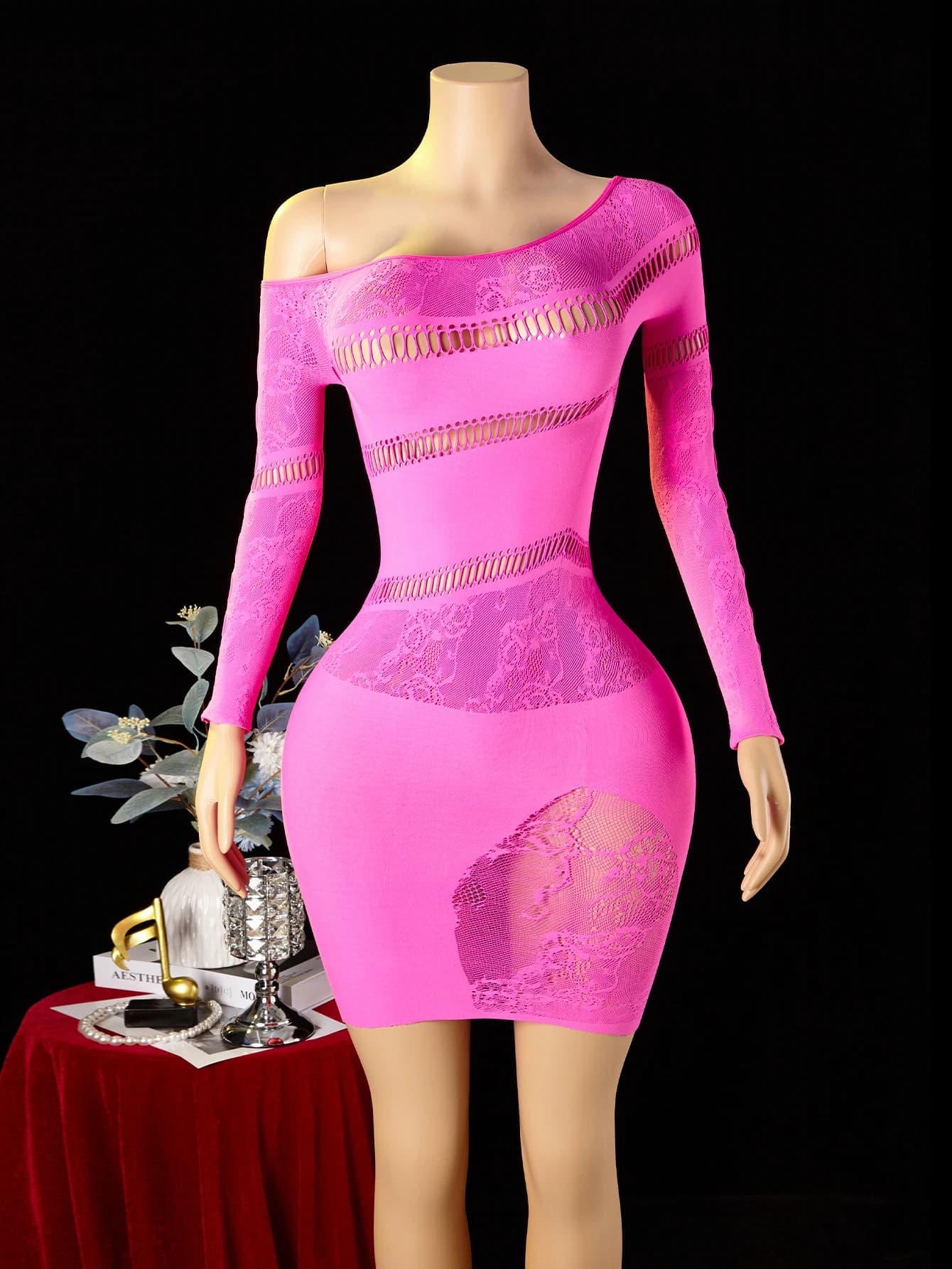 Robe sexy asymétrique pour femme, design ajouré, moulante, à manches longues, en maille transparente