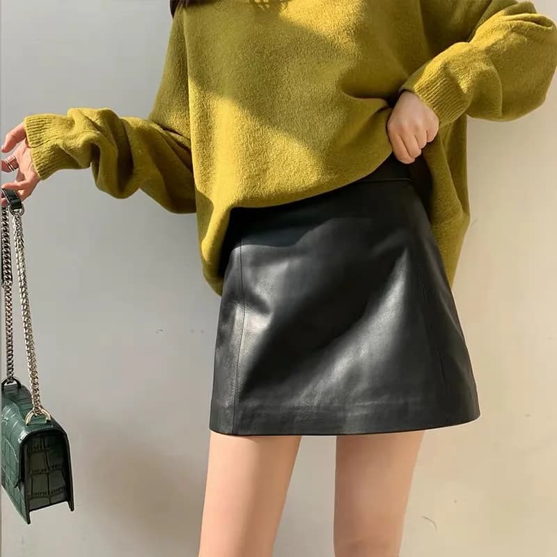Jupe en cuir de mouton pour femme, nouvelle collection 2026, taille haute, mini-jupe slim printemps-