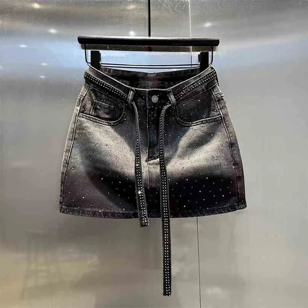 Mini jupe en Jean surdimensionnée rétro diamant pour femmes, taille haute, rivets brillants, jupes S