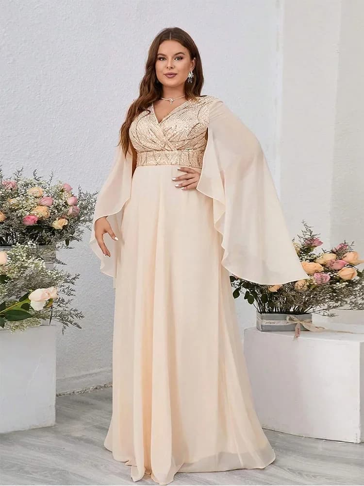 Robe longue ample à paillettes, col en V, grande taille, 5XL6XL, à volants, en mousseline de soie no