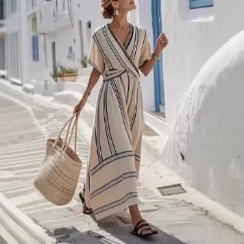 Robe rayée à col en V pour femme, robe d'été décontractée fluide à volants, robe midi évasée