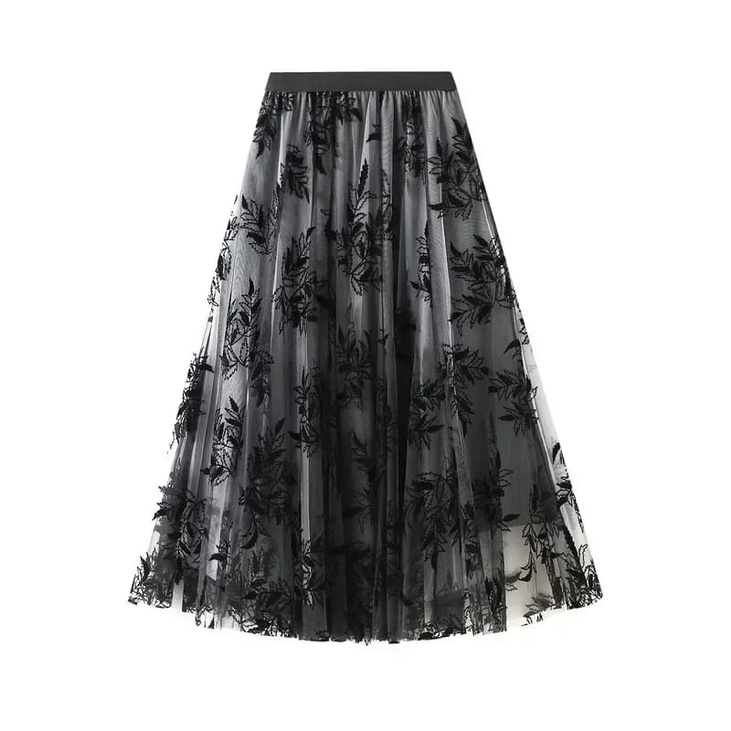 Jupe longue en mousseline imprimée floquée pour femme, coupe trapèze, grande ampleur, motif floral, 