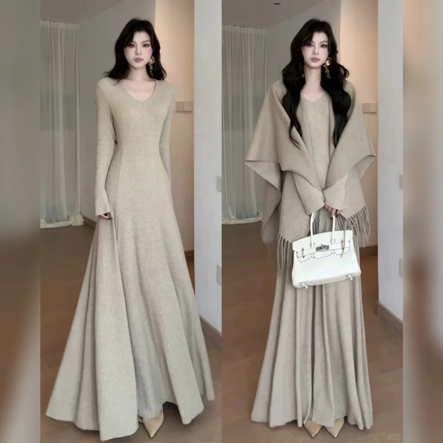 Robe d'automne et d'hiver pour femmes, col en v, tricot, petite jupe longue, nouvelle collection 202