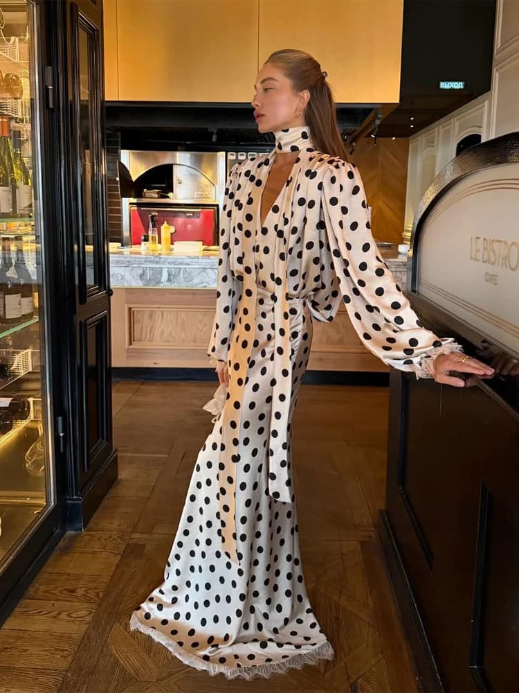 Ensemble 2 Pièces Jupe et Chemise à Pois pour Femme, Élégant, avec Foulard, Chemise à Manches Longue