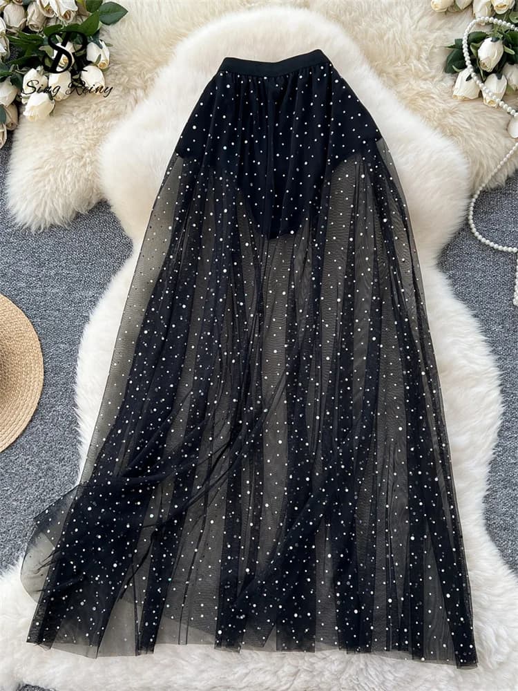 SINGREINY mode paillettes maille jupe taille haute mince pure 2025 femmes été doux tenue extérieure 