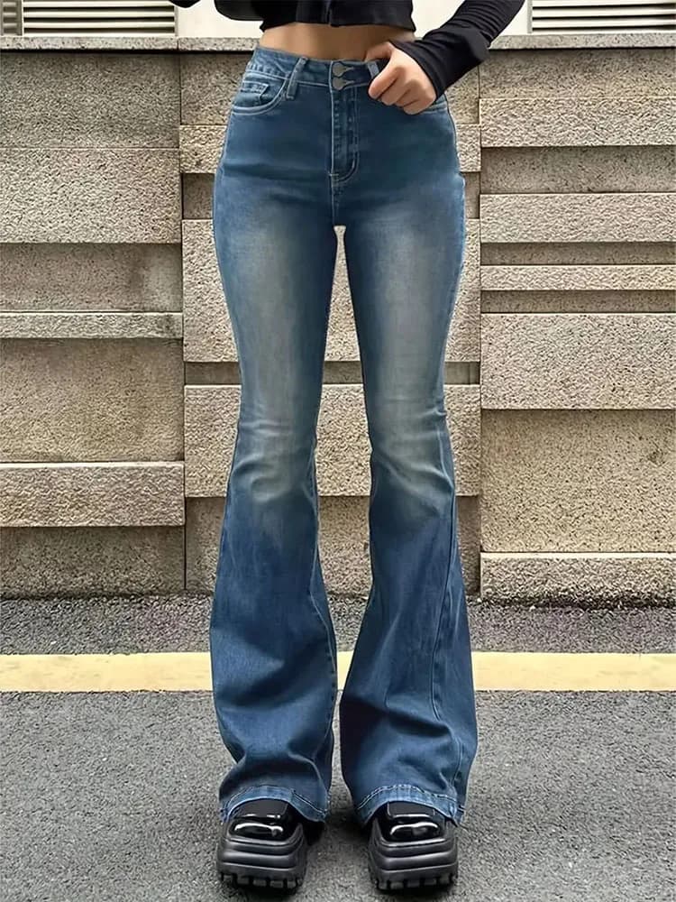 Jean évasé extensible pour femmes, moustache, mode, slim, bas de cloche, taille haute, pantalon en D
