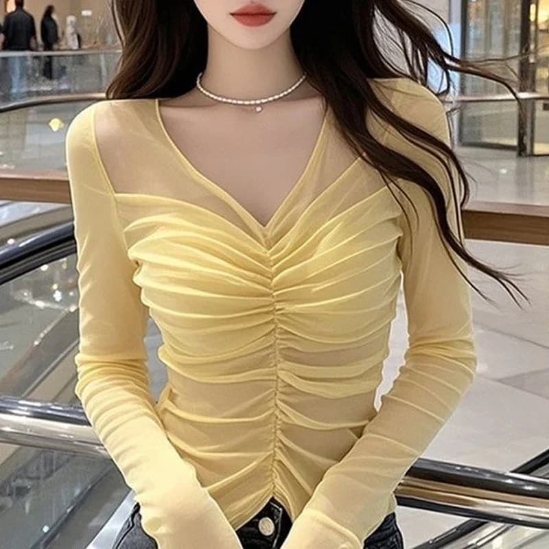Jaune col en V mince plissé mince Sexy hauts été nouveau à manches longues solide Net fil tempéramen