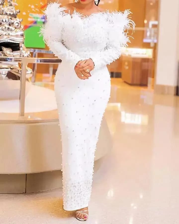 Robe évasée brodée élégante pour femmes, épaules dénudées, plumes, Slim, fête, Cocktail, invité de m