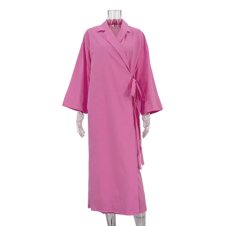 Nouvelle robe longue rose en coton à revers et manches longues avec lacets, coupe ample et décontrac